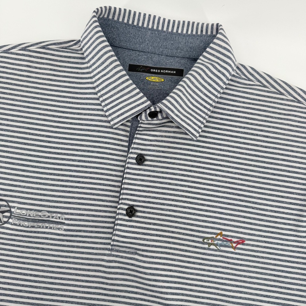 Greg Norman Polo Shirt Mens XL Blue White Striped Play Dry Lonestar Properties